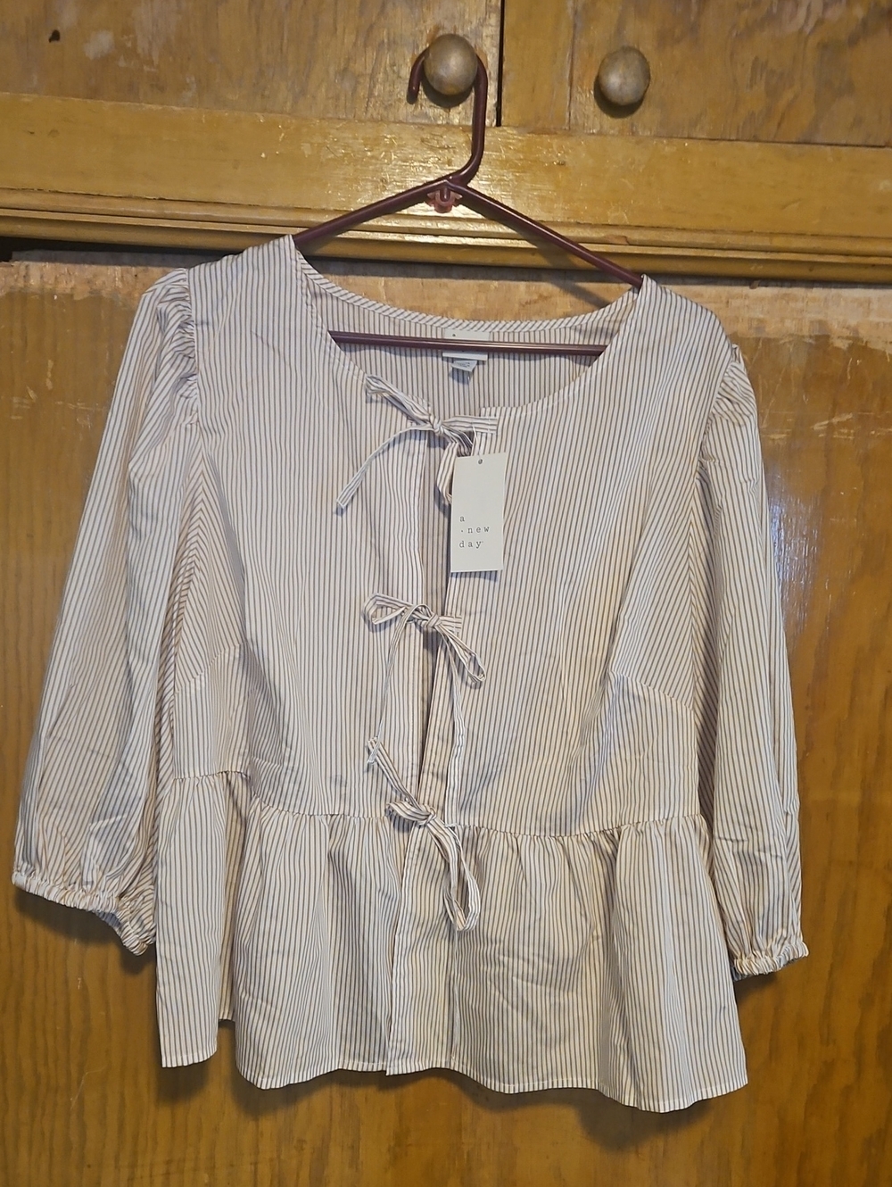 a new day Striped Tie-Front Peplum Blouse - White & Tan 3/4 Sleeve